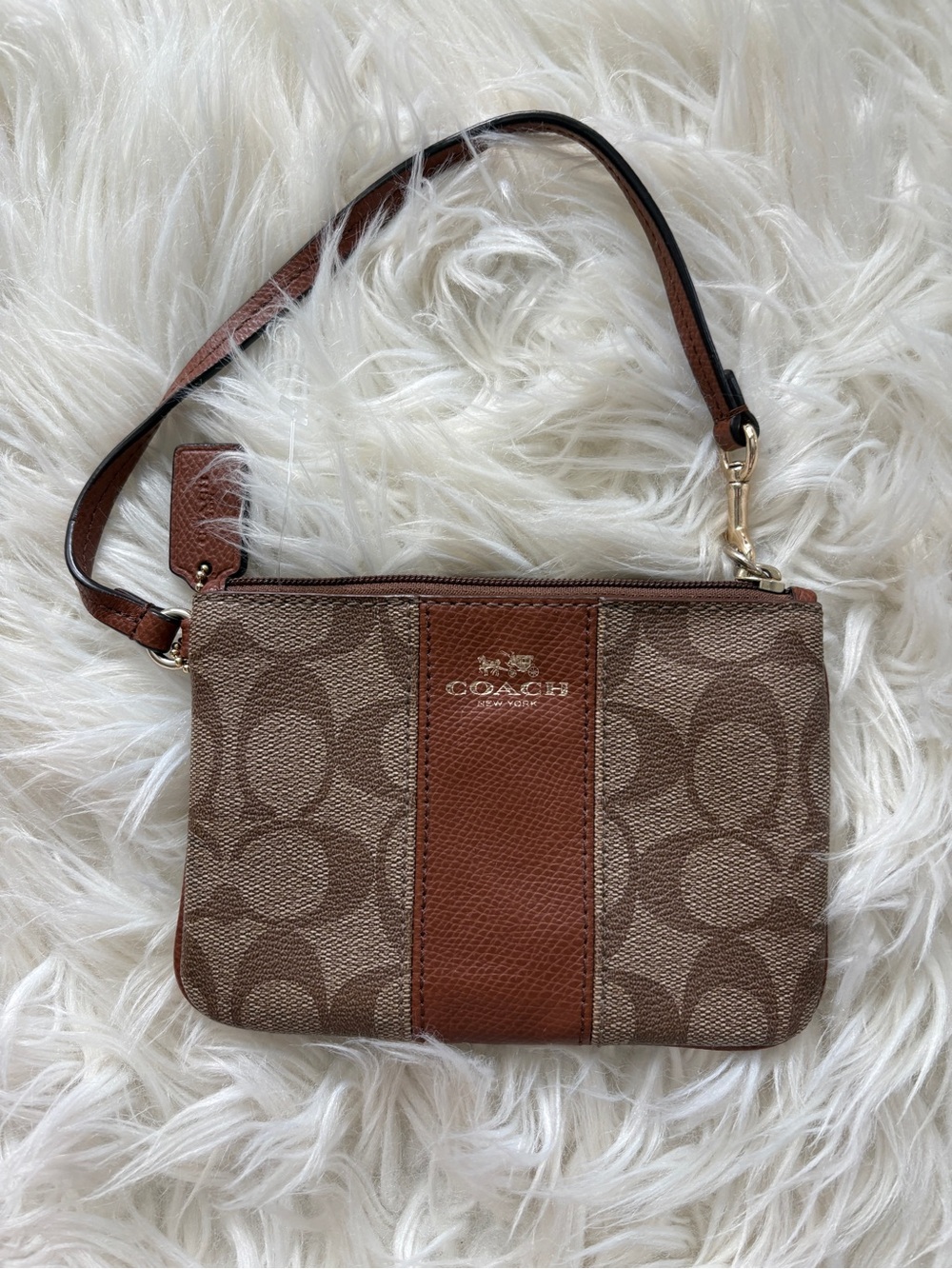 Coach Brown Signature Canvas Wristlet with Tan Leather Trim